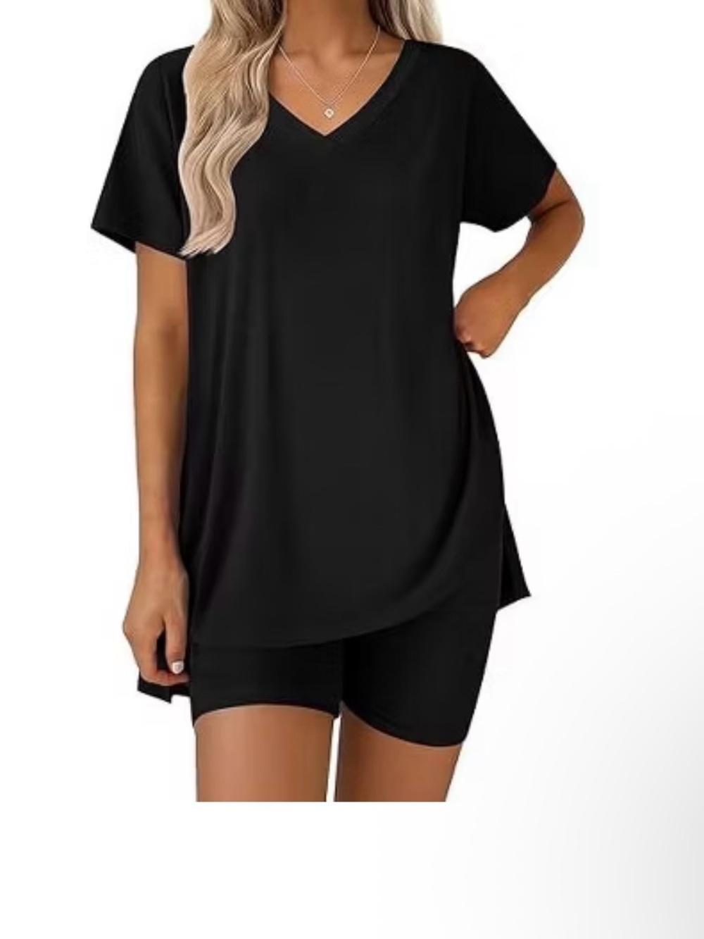 NWT Ekouaer Black V-Neck Top and Shorts Set size 2xl
